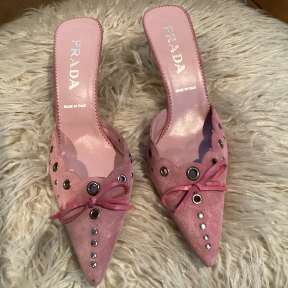 Prada Pink Suede With Leather Bow Open Back Kitten Heels, Size 37 1/2 - Picture 1 of 5